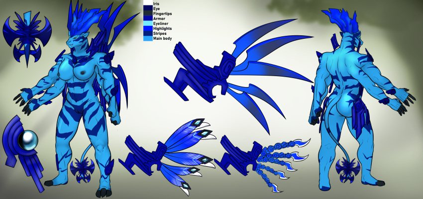 3_toes 4_arms 5_fingers abs absurd_res anthro armor blade blue_body blue_eyes blue_pussy blue_stripes breasts butt disney english_text eyeliner fangs feathered_wings feathers feet felid female fingers franubis front_view gem genitals hi_res leopard makeup mammal markings model_sheet multi_arm multi_limb nipples pantherine pussy rear_view rydrake spectrobe spectrobes stripes tail tail_blade teeth text toes weapon_tail wings