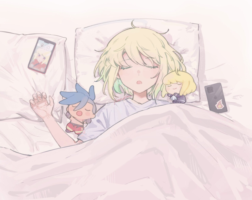 1boy alternate_costume bed bed_sheet blanket blonde_hair cellphone character_doll closed_eyes galo_thymos kome_1022 lio_fotia lying male_focus on_back on_bed open_mouth otoko_no_ko phone pillow promare purple_eyes short_hair sleeping smartphone solo under_covers