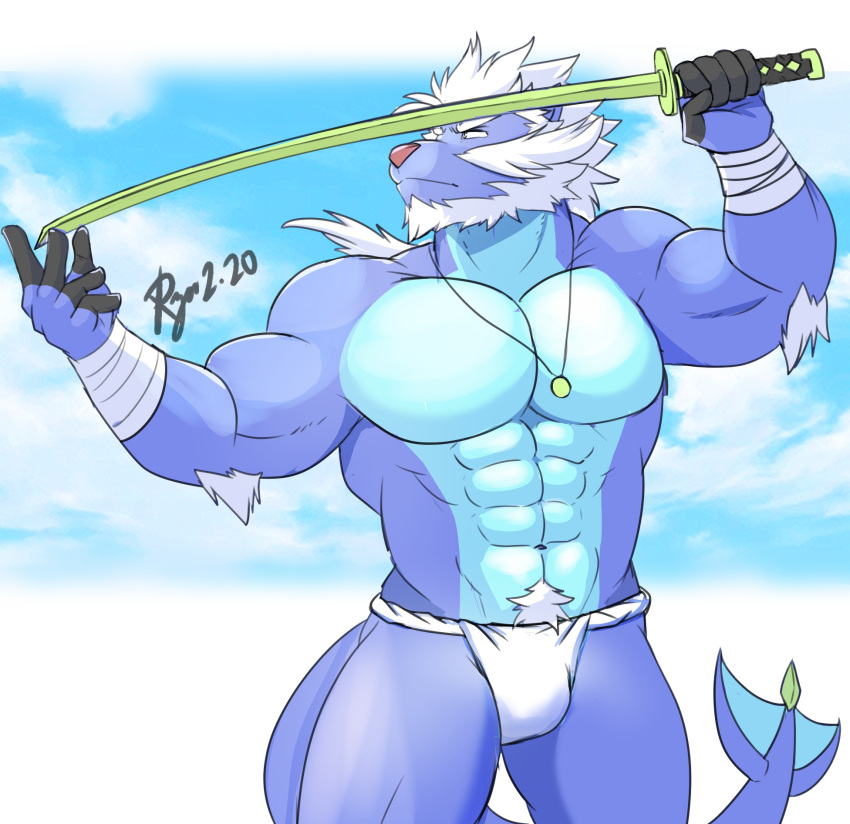 abs anthro arm_tuft asian_clothing beard biceps bottomwear clothed clothing east_asian_clothing elbow_tuft facial_hair fundoshi fundoshi_only fur generation_5_pokemon hair hi_res japanese_clothing lofnirv male melee_weapon muscular muscular_anthro muscular_male nintendo pecs pokemon pokemon_(species) pubes pubes_exposed samurott solo sword tail topless tuft underwear underwear_only weapon