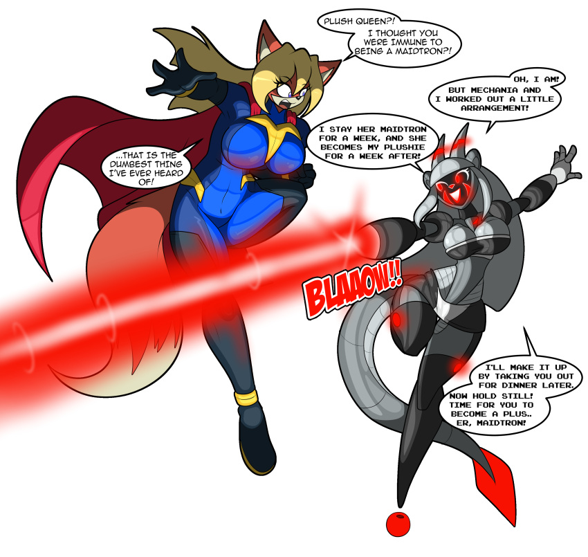 2023 2_horns 4_fingers absurd_res anthro big_breasts black_body blonde_hair blue_bodysuit blue_eyes bodysuit breasts canid canine chaoscroc clothing dialogue dipstick_tail duo energy_beam english_text female fight fin fingers fluffy fluffy_tail fox fur glowing glowing_eyes grey_body hair hi_res horn laser_gun looking_at_another machine mammal markings multicolored_body open_mouth orange_body orange_fur ranged_weapon red_cape red_eyes robot skinsuit sound_effects speech_bubble superhero tail tail_fin tail_markings text tight_clothing two_tone_body victory_vixen weapon