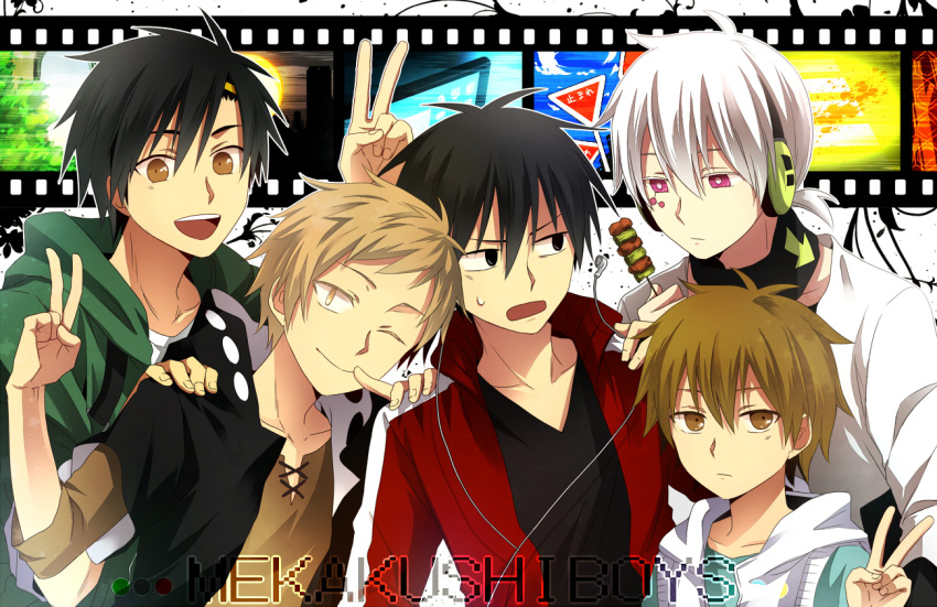 5boys :d amamiya_hibiya arrow_(symbol) arrow_print black_hair black_hoodie black_shirt blue_shirt blue_sky brown_eyes brown_shirt casual circle cityscape closed_mouth collarbone colored_eyelashes commentary copyright_name cross-laced_clothes cross-laced_slit day english_text film_strip fingernails food green_jumpsuit grey_sky hair_between_eyes hair_ornament hairclip hand_on_another's_shoulder hand_up head_tilt headphones holding holding_food hood hood_down hooded_jumpsuit hoodie jacket jumpsuit kagerou_project kano_shuuya kisaragi_shintarou konoha_(kagerou_project) light_brown_hair long_bangs looking_at_another looking_at_food looking_at_viewer looking_away looking_to_the_side male_focus mekakucity_actors mixed-language_text multiple_boys neck_warmer one_eye_closed open_clothes open_jacket outline pink_eyes popped_collar print_hoodie red_jacket road_sign romaji_text seto_kousuke shirt short_hair short_ponytail short_sleeves sign single_earphone_removed single_stripe skewer sky sleeveless sleeveless_hoodie sleeves_past_elbows smile splatter stop_sign sun t-shirt teeth track_jacket translated triangle two-sided_hoodie two-tone_hoodie unamused upper_body upper_teeth_only usm_(kk316) v white_background white_hair white_hoodie white_outline white_shirt white_stripes yakitori yellow_eyes