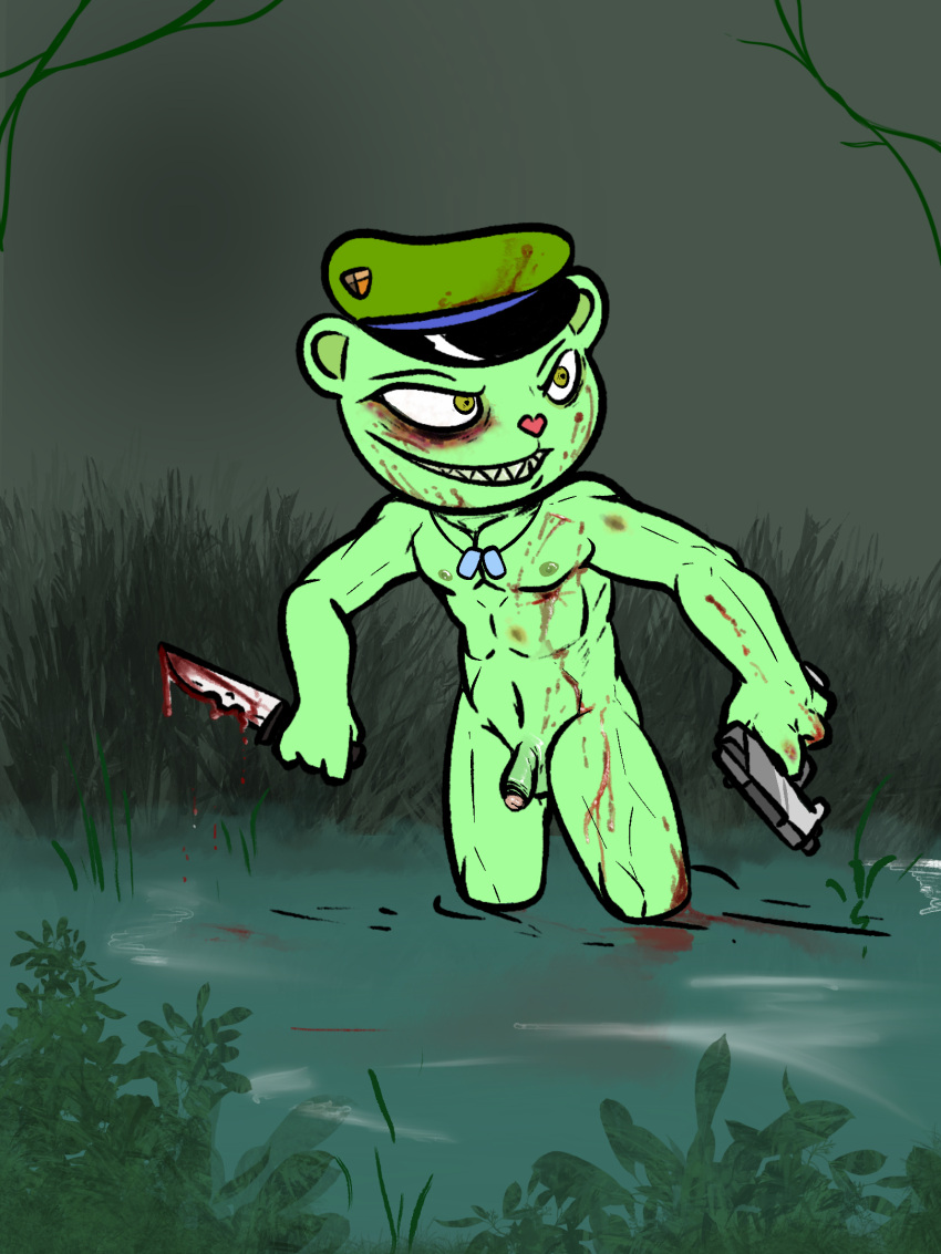 anthro bear blood bodily_fluids bruised_eye covered_in_blood dog_tags dripping_blood flaccid flippy_(htf) forest genitals gun happy_tree_friends hi_res hunting illegaleel jungle knife male mammal penis plant ranged_weapon river solo tree weapon wounded