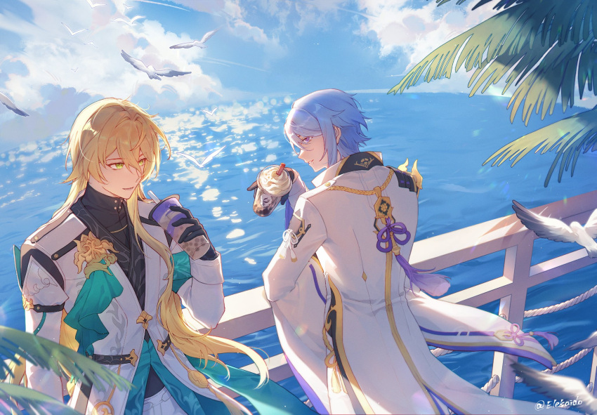 2boys against_railing arm_guards armor bird black_gloves blonde_hair blue_eyes blue_hair bubble_tea cloud cloudy_sky coat cup disposable_cup double-parted_bangs drinking_straw elekaido genshin_impact gloves green_eyes hair_between_eyes half_gloves highres holding honkai:_star_rail honkai_(series) japanese_armor kamisato_ayato long_hair long_sleeves looking_at_another low-tied_long_hair luocha_(honkai:_star_rail) mole mole_under_mouth multiple_boys ocean open_mouth palm_tree pants railing seagull shoulder_armor sidelocks sideways_glance sky sode tree very_long_hair voice_actor_connection white_coat white_pants wide_sleeves