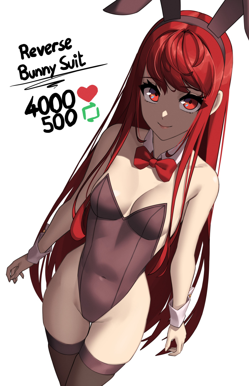 1girl absurdres animal_ears breasts covered_navel detached_collar english_text fake_animal_ears highres leotard like_and_retweet long_hair looking_at_viewer meme persona persona_5 persona_5_the_royal petite playboy_bunny rabbit_ears red_eyes red_hair skinny smile solo strapless strapless_leotard thighhighs twitter_strip_game_(meme) wrist_cuffs x_xith_x yoshizawa_kasumi yoshizawa_sumire