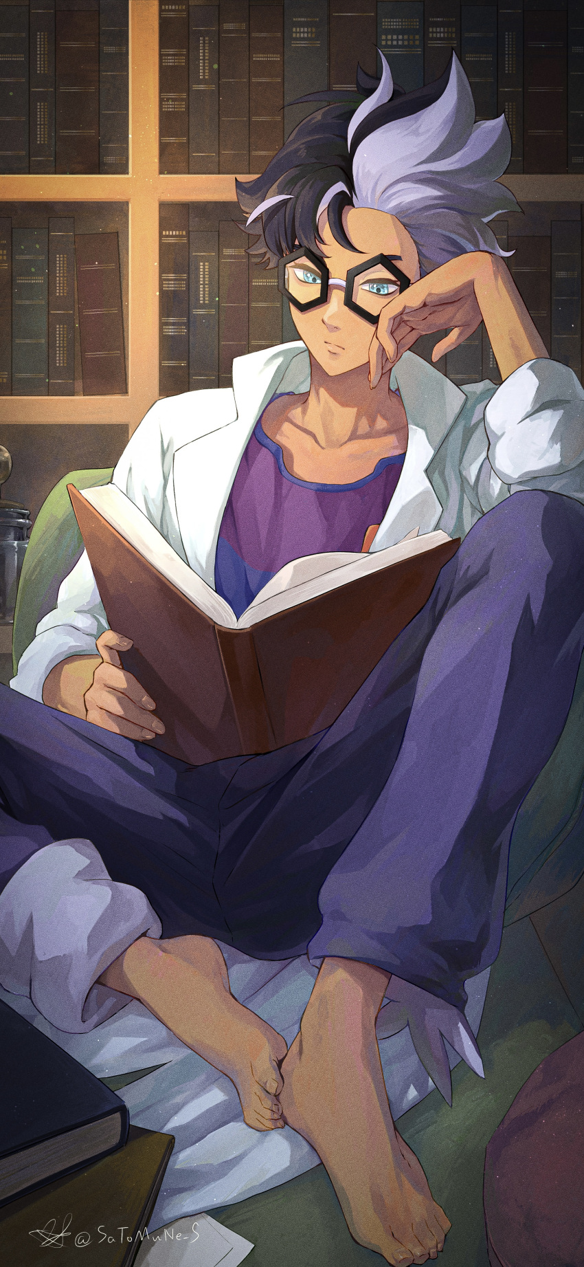 1boy absurdres barefoot black-framed_eyewear book bookshelf closed_mouth coat glasses green_eyes hand_up highres holding holding_book indoors jacq_(pokemon) looking_down male_focus open_clothes open_coat pants pokemon pokemon_(game) pokemon_sv reading satomune_s shirt short_hair solo striped striped_shirt toes
