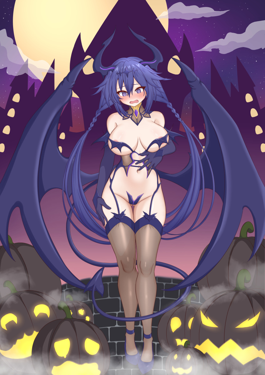 1girl @_@ absurdres alternate_breast_size alternate_costume ankokuboshi_kurome bare_shoulders black_gloves black_wings blue_gloves blue_wings blush braid breasts castle commission crimsle demon_girl demon_horns demon_tail demon_wings detached_collar elbow_gloves embarrassed full_body full_moon garter_straps gloves groin hair_between_eyes halloween halloween_costume hand_on_own_hip hand_on_own_stomach hand_up highres hip_focus horns large_breasts legs legs_together long_hair looking_at_viewer moon navel neptune_(series) night night_sky open_mouth outdoors pixiv_commission pumpkin revealing_clothes shin_jigen_game_neptune_vii sky solo star_(sky) starry_sky surprised tail tail_around_own_leg thigh_gap thighhighs thighs twin_braids twintails underboob very_long_hair wings