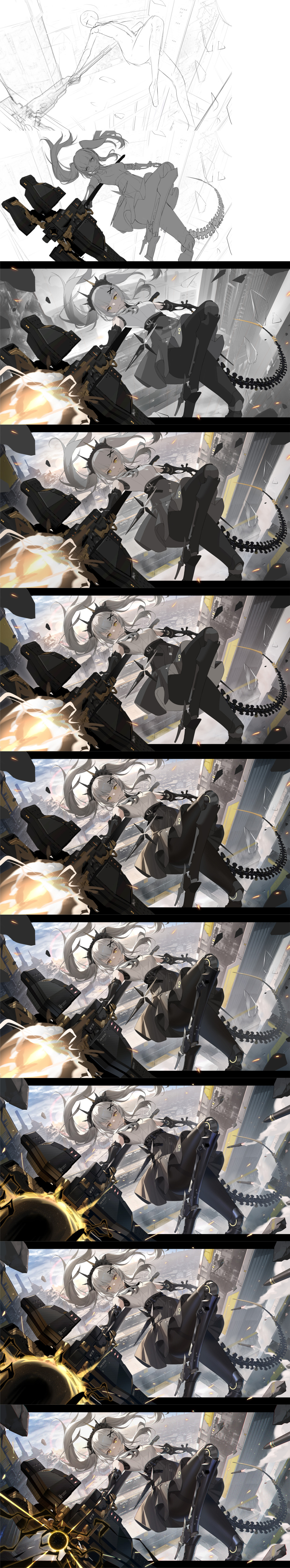 absurdres aiming_at_viewer alternate_costume belt building cc_xiaotintin charging_device city cloud glowing hair_ornament hairclip headgear highres incredibly_absurdres industrial jumping karenina_(punishing:_gray_raven) looking_at_viewer mechanical_arms mechanical_legs midair missiles punishing:_gray_raven skirt sky skyscraper smile tail tall_image twintails white_hair yellow_eyes
