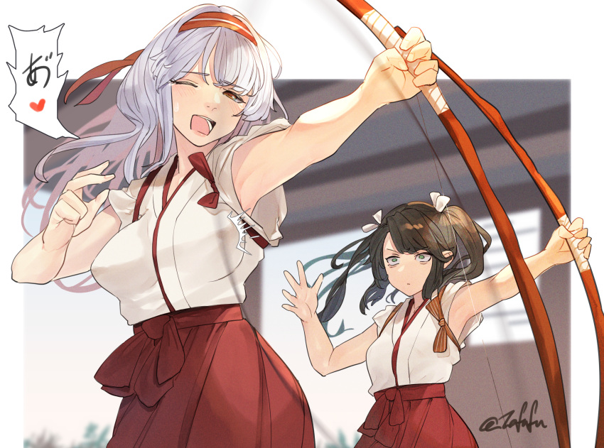 2girls bow_(weapon) breast_envy breasts covered_nipples fuwafuwatoufu green_eyes green_hair grey_hair hair_ribbon hakama hakama_skirt headband heart highres holding holding_bow_(weapon) holding_weapon japanese_clothes kantai_collection long_hair medium_breasts multiple_girls one_eye_closed open_mouth red_eyes red_hakama red_headband ribbon shoukaku_(kancolle) shoukaku_kai_ni_(kancolle) skirt speech_bubble spoken_heart tasuki twintails weapon white_ribbon yumi_(bow) zuikaku_(kancolle) zuikaku_kai_ni_(kancolle)