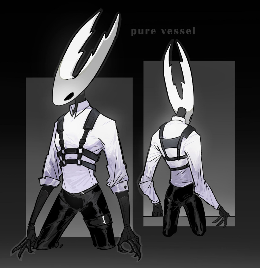 2020 accessory ambiguous_gender animal_humanoid arthropod arthropod_humanoid black_and_white black_background black_body black_eyes black_skin bottomwear claws clothed clothing darkdog digital_drawing_(artwork) digital_media_(artwork) front_view gradient_background hi_res hollow_knight hollow_knight_(character) holster horn humanoid insect insect_humanoid long_arms looking_down monochrome mouthless pants portrait pose pure_vessel rear_view shirt simple_background skinny skinny_humanoid slim slim_humanoid small_waist solo standing team_cherry text three-quarter_portrait topwear vessel_(species) white_background white_body white_head white_skin