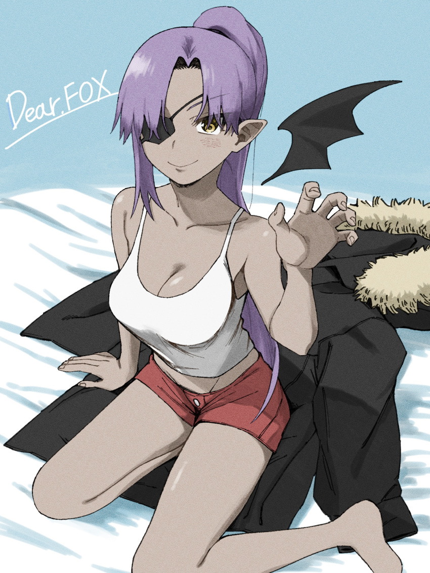 1girl black_coat breasts chorohanage cleavage closed_mouth coat coat_removed collarbone commission eyepatch highres midriff original parted_bangs pointy_ears ponytail red_shorts shorts sitting skeb_commission sleeveless smile solo tank_top white_tank_top yellow_eyes