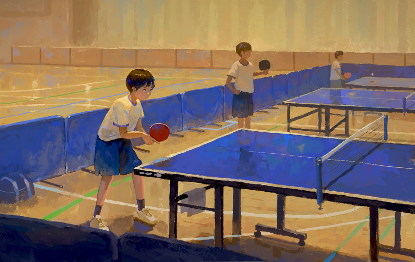 3boys black_hair blue_shorts commentary fjsmu gym gym_shirt gym_shorts gym_uniform highres male_focus multiple_boys original paddle shirt short_hair short_sleeves shorts socks table_tennis table_tennis_paddle white_shirt