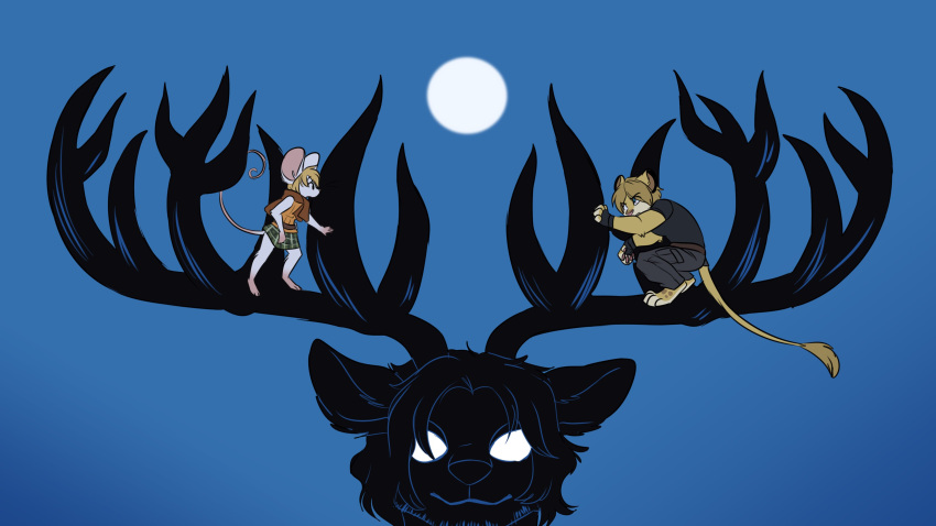 2023 absurd_res alternate_species anthro antlers ashley_graham_(resident_evil) beastars blonde_hair capcom deer felid female fizzy-dog full_moon fur furrification group hair hi_res horn leon_kennedy_(resident_evil) lion luis_serra_navarro male mammal moon mouse moushley murid murine night pantherine parody resident_evil rodent tan_body tan_fur trio white_body white_fur