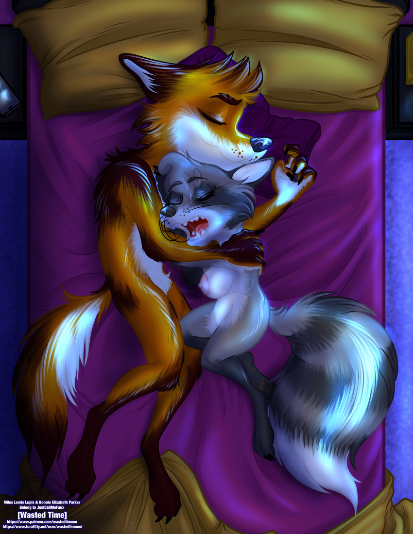 absurd_res bed breasts canid canine canis coyote crotch cuddling female furniture hi_res invalid_tag male mammal nude procyonid raccoon romantic sleeping text url