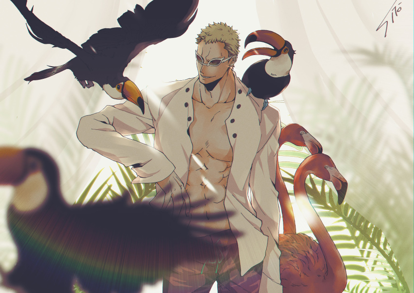 1boy absurdres animal animal_on_shoulder bird bird_on_shoulder blonde_hair donquixote_doflamingo flamingo hand_up highres long_sleeves male_focus one_piece open_clothes open_shirt plant red-tinted_eyewear shirt short_hair signature sk_c_ii smile solo standing sunglasses tinted_eyewear toucan white_shirt