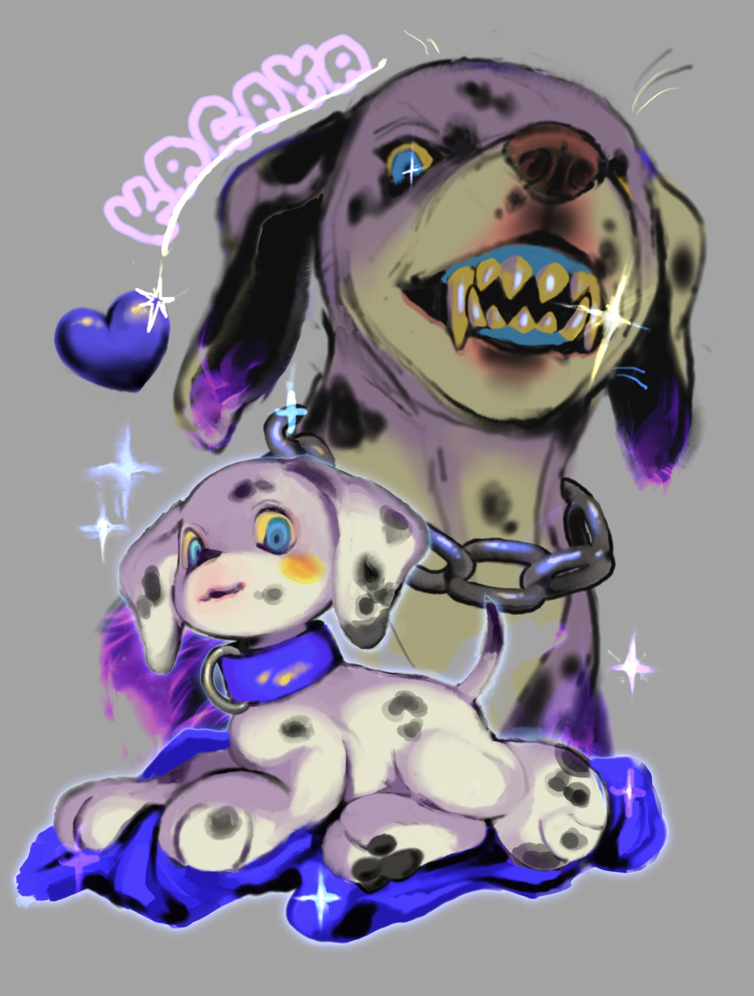 ambiguous_gender blue_eyes canid canine canis chain chain_leash collar dalmatian dayohiko domestic_dog feral hi_res leash mammal sharp_teeth solo teeth