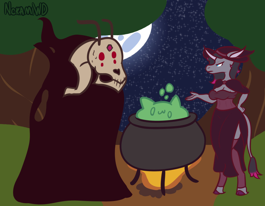 anthro big_breasts big_butt breasts butt cauldron clothing female fire goo_creature hat headgear headwear hi_res hoodie hooves horn magic_user nokamiwd oleander_(tfh) simple_background them's_fightin'_herds thick_thighs topwear witch_costume witch_hat