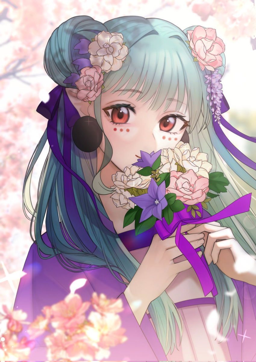 1600pommsky 1girl aqua_hair bellflower bouquet cherry_blossoms chinese_bellflower chinese_clothes choppy_bangs covered_mouth double_bun dress earrings facial_mark flower hair_bun hair_flower hair_ornament hair_ribbon hanfu highres holding holding_bouquet jacket jewelry long_hair looking_at_viewer mochi_(1600pommsky) orange_eyes original pink_flower pointy_ears purple_flower purple_jacket purple_ribbon qixiong_ruqun ribbon smile solo tree upper_body white_dress white_flower wisteria