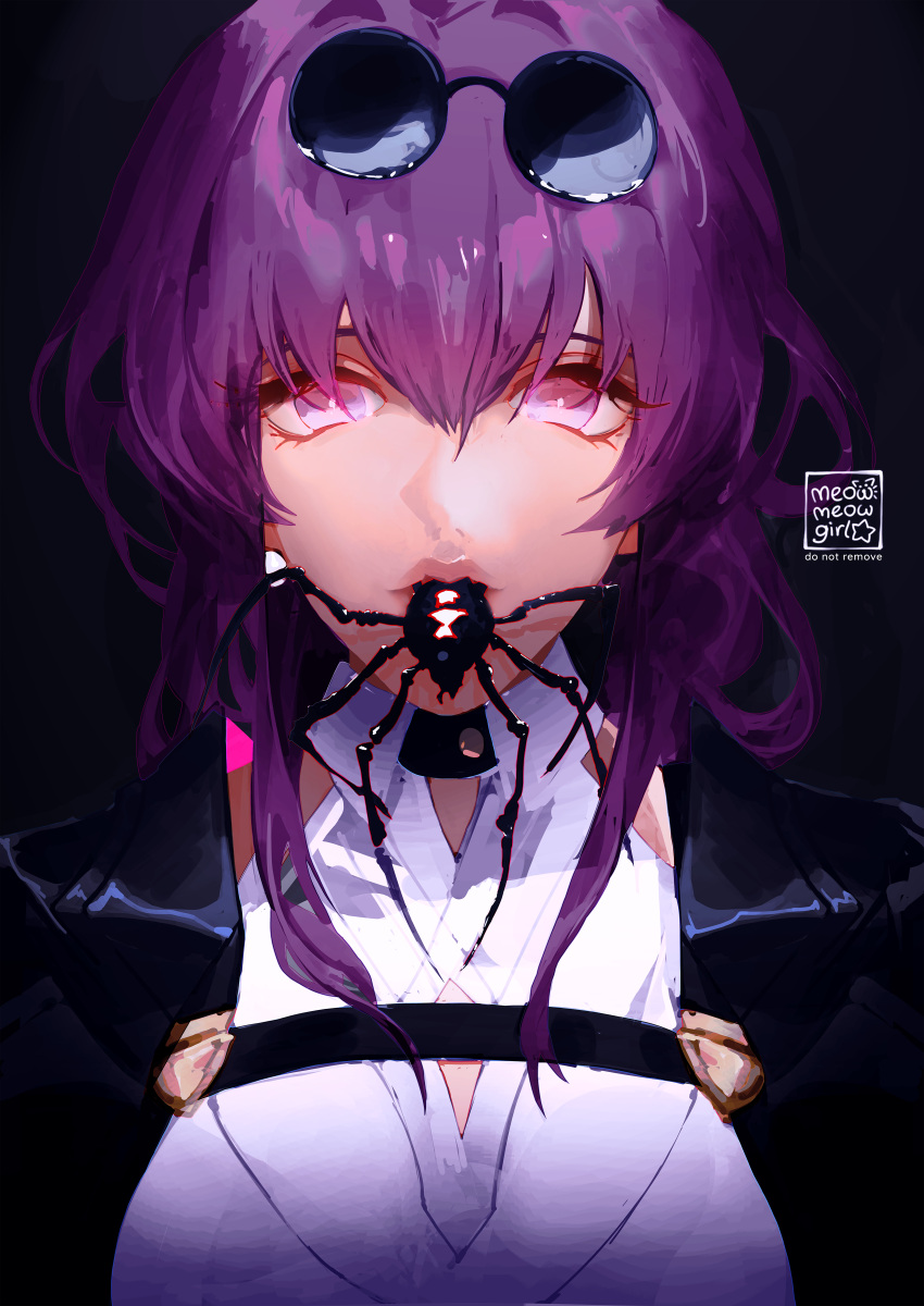 1girl absurdres animal_in_mouth artist_name black_background black_jacket bug chest_strap collared_shirt eyewear_on_head hair_between_eyes highres honkai:_star_rail honkai_(series) jacket kafka_(honkai:_star_rail) lips looking_at_viewer medium_hair meowmeowgirl portrait purple_eyes purple_hair round_eyewear shirt sidelocks solo spider straight-on sunglasses white_shirt