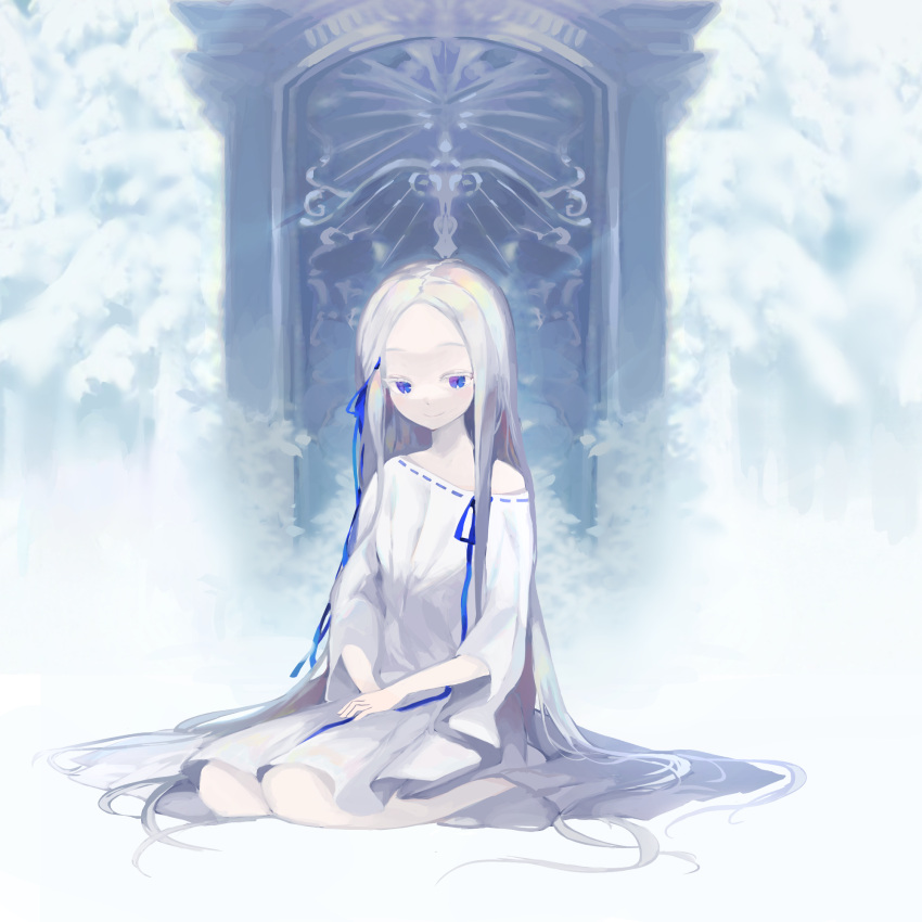 1girl blue_eyes door dress hands_on_lap hetchi_(c_oda) highres kneeling long_hair off_shoulder pandora_(re:zero) re:zero_kara_hajimeru_isekai_seikatsu smile solo very_long_hair white_dress white_hair