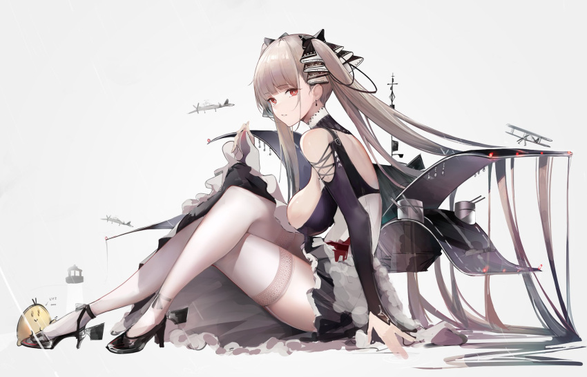 1girl aircraft azur_lane black_footwear breasts dress earrings formidable_(azur_lane) frilled_dress frills grey_background grey_hair hair_ribbon highres jewelry large_breasts long_hair parted_lips red_eyes ribbon simple_background sitting solo thighhighs toki_(rumukio) twintails two-tone_dress two-tone_ribbon very_long_hair white_thighhighs