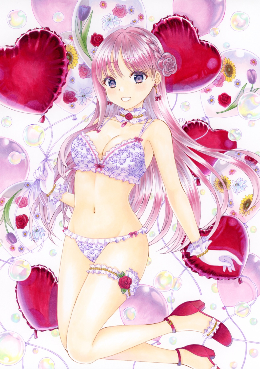 1girl artist_name balloon bra braid breasts bubble choker cleavage commentary earrings floating floral_print frilled_bra frilled_choker frilled_panties frills gloves grin heart_balloon high_heels highres holding jewelry legs_up lingerie long_hair marker_(medium) medium_breasts navel original osumi_izumi panties pink_bra pink_choker pink_panties print_bra print_panties purple_eyes purple_hair red_footwear signature smile solo traditional_media underwear white_gloves