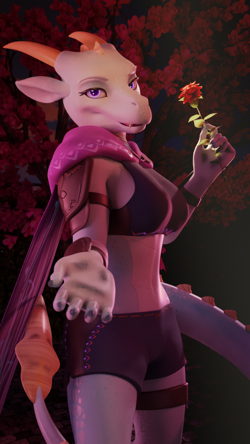 3d_(artwork) anthro blender_(software) blender_cycles clothed clothing digital_media_(artwork) dragon female flower hi_res itsjag looking_at_viewer offering_hand plant rose_(flower) smile solo