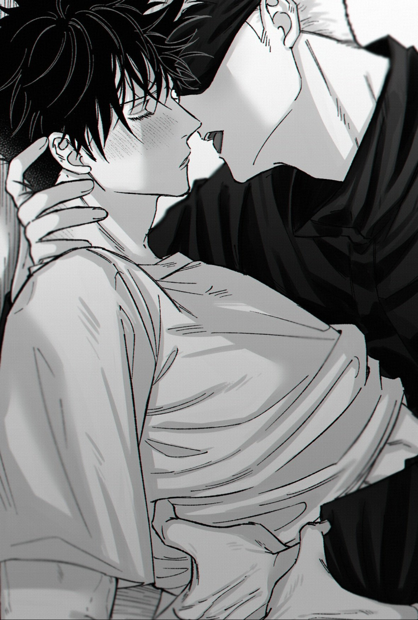 2boys blindfold blush closed_eyes clothes_lift fushiguro_megumi fushirun_rung gojou_satoru hand_on_another's_neck highres imminent_kiss jacket jujutsu_kaisen korean_commentary long_sleeves male_focus monochrome multiple_boys open_mouth shirt shirt_lift short_hair short_sleeves spiked_hair teeth tongue yaoi