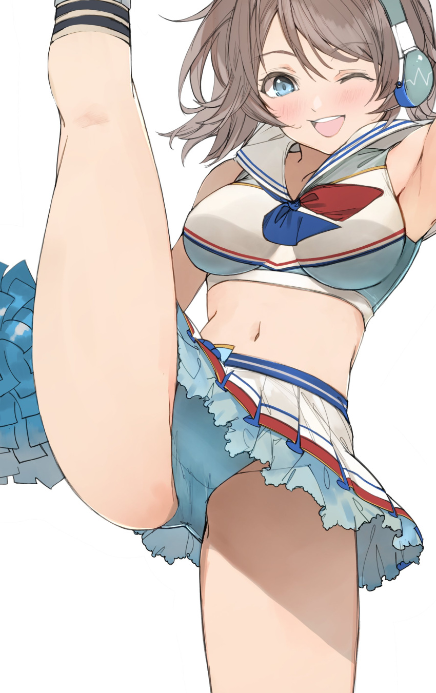 1girl ;d absurdres arm_up armpits blue_eyes blue_panties blue_tank_top blush brown_hair cheerleader cowboy_shot crop_top groin_tendon headphones high_kick highres holding holding_pom_poms kicking kneehighs leg_up looking_down love_live! love_live!_sunshine!! midriff miniskirt navel official_alternate_costume one_eye_closed open_mouth panties petticoat pisuta_(yamashiro) pleated_skirt pom_pom_(cheerleading) sailor_collar sailor_shirt shirt short_hair skirt smile socks solo swept_bangs tank_top two-tone_tank_top underwear upskirt watanabe_you white_sailor_collar white_tank_top