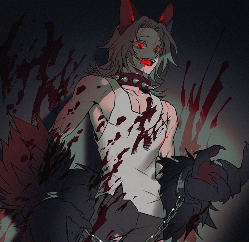 1boy absurdres animal_ears animal_hands blood blood_on_clothes blood_on_face blood_on_wall brown_hair brown_pants colored_eyelashes cuffs dog_boy dog_ears dog_paws dog_tail hajun_(hey_sangha) handcuffs highres male_focus medium_hair pants red_eyes saibou_shinkyoku shinano_eiji solo spoilers tail tank_top teeth tongue tongue_out white_tank_top