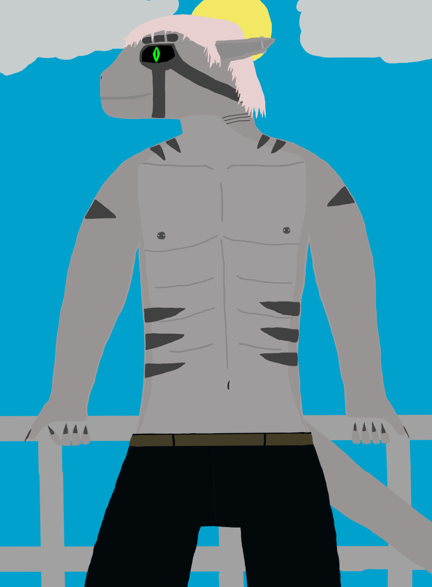 abs absurd_res anthro arokhan_sirefni arokhan_sirefni_(character) belt bottomwear claws clothing cloud ear_piercing facial_tattoo fish gills green_eyes hair hi_res male marine markings navel navel_piercing nipple_piercing nipples pants piercing railing robotic_eyes shark shirtless shirtless_male sky smile solo standing sun synthetic synthetic_shark tattoo