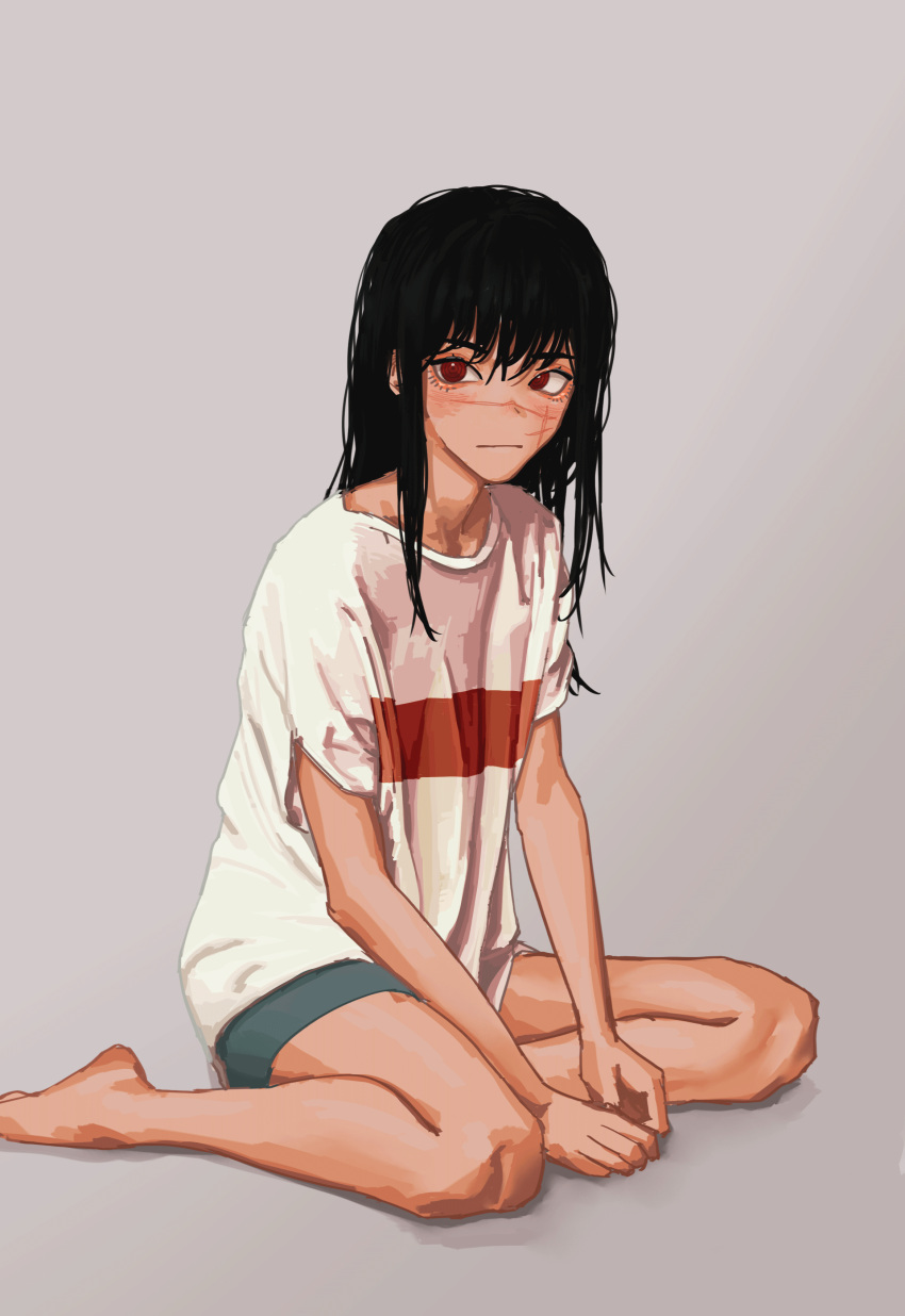 1girl :| absurdres arms_between_legs bare_legs barefoot black_hair chainsaw_man closed_mouth expressionless full_body grey_background grey_shorts hair_between_eyes highres long_hair looking_to_the_side red_eyes ringed_eyes shirt short_shorts shorts sidelocks simple_background sitting solo t-shirt v_arms white_shirt yokozuwari yoru_(chainsaw_man) zzoo_(zoo)