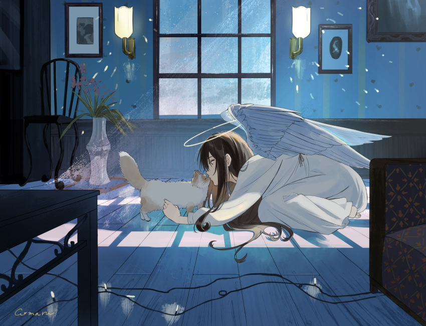 1girl angel angel_wings black_hair cat chair comabox flower halo highres indoors kiss kneeling lamp long_hair looking_at_another nightgown original painting_(object) sidelocks signature table vase window wings wire