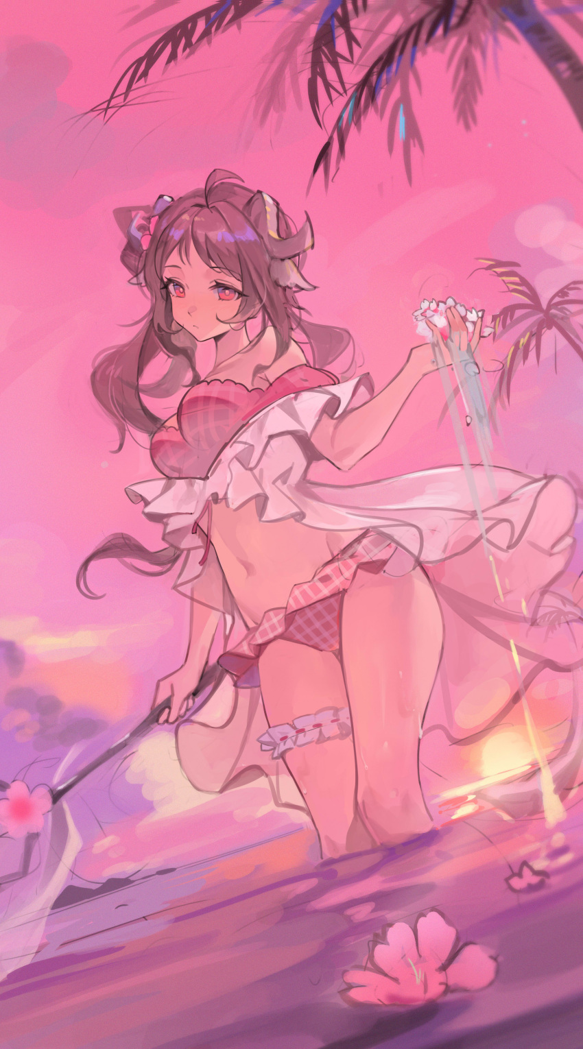 1girl absurdres ahoge animal_ears arknights bikini brown_hair english_commentary eyjafjalla_(arknights) eyjafjalla_(summer_flower)_(arknights) flower highres holding holding_staff horns leefangrui long_hair looking_at_viewer midriff navel nianbingzi off-shoulder_bikini off_shoulder official_alternate_costume palm_tree pink_bikini pink_eyes pink_flower pink_sky pink_theme sheep_ears sheep_girl sheep_horns shirt sky solo staff sunset swimsuit swimsuit_cover-up thigh_strap tree wading
