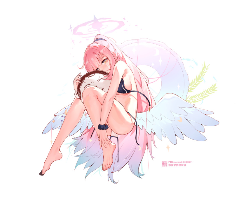 1girl absurdres alternate_costume alternate_hairstyle angel_wings ass barefoot between_toes bikini blue_archive blue_bikini blue_hair blush breasts candy chinese_text chocolate closed_mouth commentary feathered_wings feet food gradient_hair hair_ornament hair_scrunchie halo heart heart-shaped_chocolate high_ponytail highres holding_with_feet knees_together_feet_apart knees_up large_breasts legs liwendala long_hair mika_(blue_archive) multicolored_hair object_hug pink_hair scrunchie sideboob sidelocks smile swimsuit thighs toes undone_bikini very_long_hair white_wings wing_decorations wings wrist_scrunchie yellow_eyes