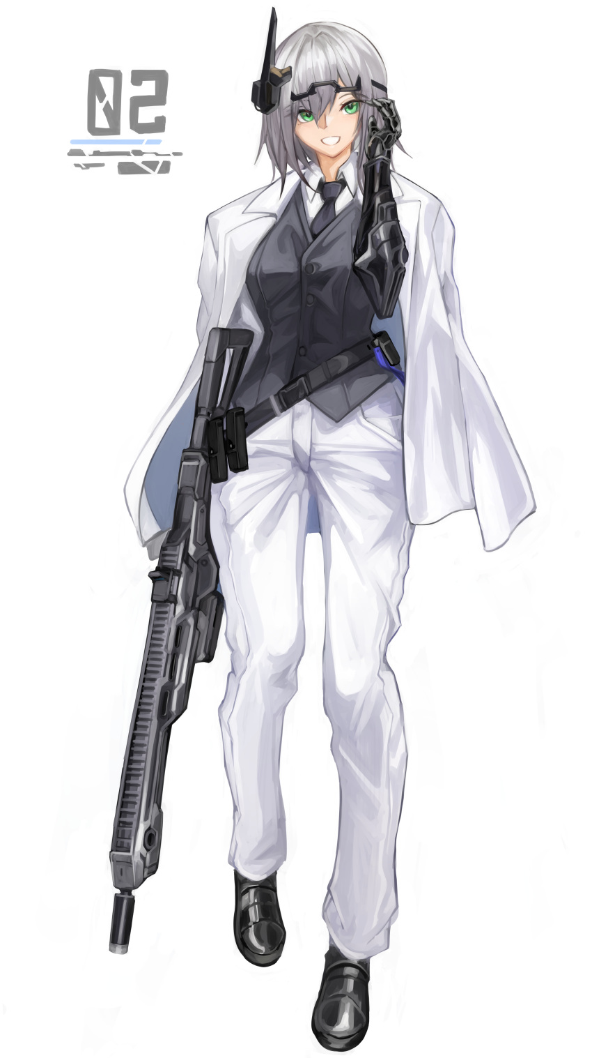 1girl :d absurdres adjusting_hair aokuma_(yuuran_create) belt breasts full_body green_eyes grey_hair grey_vest gun headgear highres holding holding_gun holding_weapon jacket jacket_on_shoulders loafers medium_breasts necktie original pant_suit pants prosthesis prosthetic_arm shoes short_hair smile solo suit suit_jacket vest walking weapon white_background white_jacket white_pants