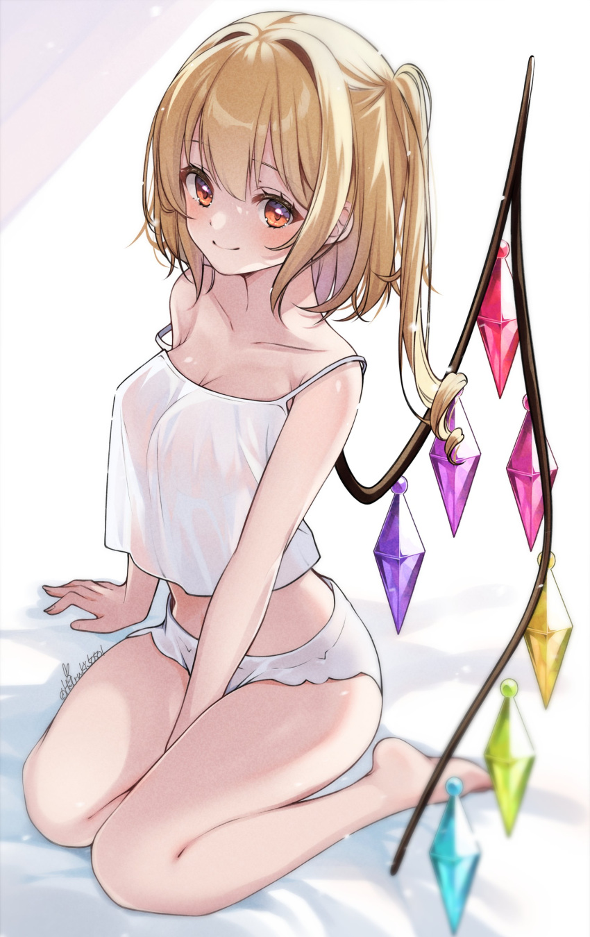 1girl absurdres barefoot blonde_hair breasts camisole closed_mouth collarbone crystal flandre_scarlet hair_between_eyes haruki_(colorful_macaron) highres long_hair looking_at_viewer medium_breasts one_side_up red_eyes signature smile solo touhou white_camisole wings