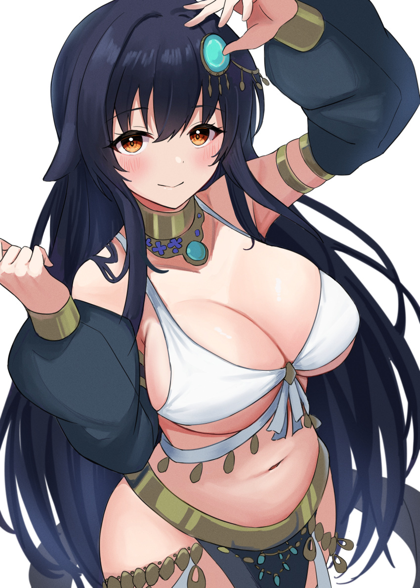 1girl absurdres arabian_clothes armlet azuma_(azur_lane) azur_lane black_hair breasts cleavage dancer detached_sleeves floppy_ears gold_choker gold_trim green_eyes hair_ears hands_up harem_outfit highres large_breasts long_hair long_sleeves midriff navel puffy_long_sleeves puffy_sleeves soul_(dp11) white_background