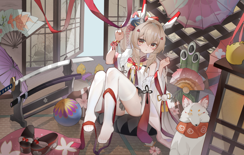 1girl absurdres ass ayanami_(azur_lane) ayanami_(pulse_of_the_new_year)_(azur_lane) azur_lane bamboo bird bracelet chick commentary_request detached_sleeves fox_mask fox_statue fur_scarf grey_hair hair_between_eyes hair_ornament hairclip headgear highres indoors japanese_clothes jewelry katana kele_mimi long_hair long_sleeves looking_at_viewer manjuu_(azur_lane) mask mask_on_head new_year no_shoes official_alternate_costume orange_eyes panties pantyshot parted_lips ponytail retrofit_(azur_lane) sandals sidelocks sitting soles sword tatami thighhighs underwear weapon white_thighhighs wide_sleeves