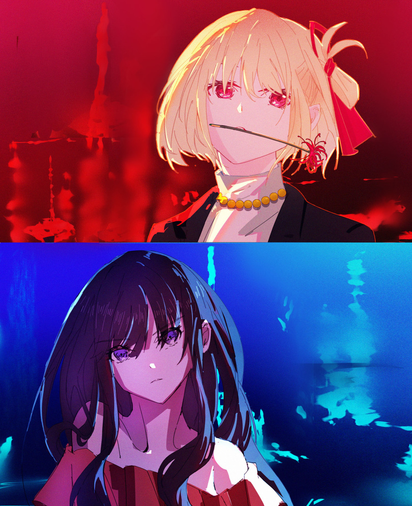2girls bare_shoulders bead_necklace beads black_hair black_jacket blonde_hair blue_background chinese_commentary collarbone color_coordination commentary_request dress flower flower_in_mouth frilled_dress frills gyx3 hair_between_eyes hair_ribbon head_tilt highres inoue_takina jacket jewelry long_hair looking_at_viewer lycoris_recoil multiple_girls necklace nishikigi_chisato off-shoulder_dress off_shoulder one_side_up parted_lips purple_eyes red_background red_dress red_eyes red_ribbon ribbon shadow sidelocks spider_lily turtleneck upper_body