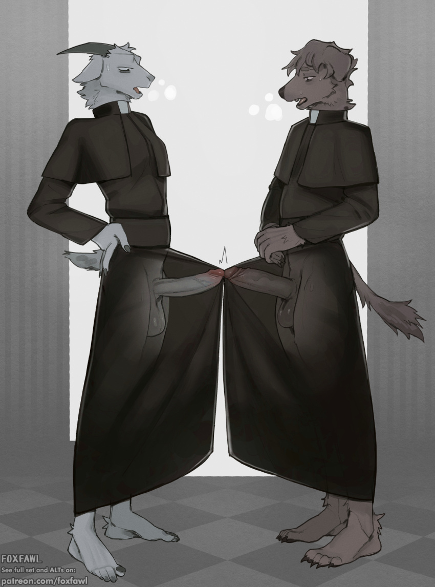 2023 alternate_version_at_source anthro balls big_penis black_clothing bovid brown_body brown_fur canid canine canis caprine clothed clothing domestic_dog duo erection erection_under_clothing foxfawl fur genitals goat hi_res horn humanoid_genitalia humanoid_penis male male/male mammal penis penis_on_penis priest religious_clothing short_tail tail white_body white_fur