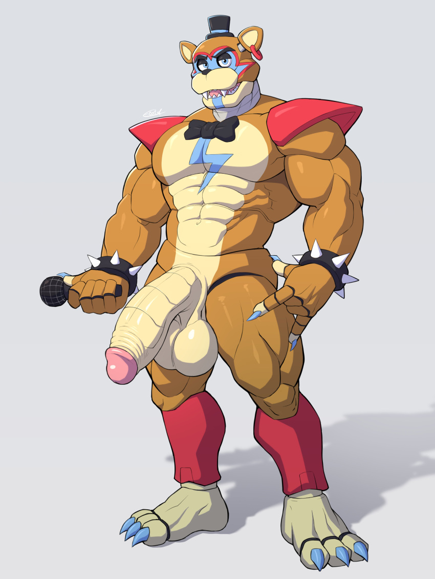 absurd_res animatronic anthro balls bear big_balls big_penis bodypaint bow_tie bracelet brown_body brown_fur claws clothing e-zoid erection face_paint fangs five_nights_at_freddy's five_nights_at_freddy's:_security_breach foreskin front_view fur genitals glamrock_freddy_(fnaf) hat headgear headwear hi_res holding_microphone holding_object humanoid_genitalia humanoid_penis jewelry leg_warmers legwear looking_at_viewer machine male mammal microphone muscular muscular_anthro muscular_male nude open_mouth penis robot scottgames shoulder_pads small_hat solo spiked_bracelet spikes steel_wool_studios teeth toe_claws top_hat