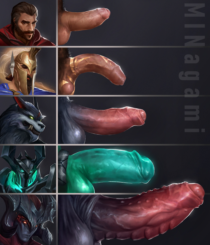 2021 aatrox_(lol) absurd_res accessory animal_genitalia anthro armor balls beard big_penis canid canine canis cock_ring demon facial_hair fangs foreskin fur genital_tattoo genitals ghost gold_(metal) graves_(lol) green_eyes green_penis grey_body grey_fur group hair headgear helmet hi_res horn huge_filesize human humanoid humanoid_genitalia humanoid_penis jewelry league_of_legends male male/male mammal mask minagami mordekaiser_(lol) mustache pantheon_(lol) penis penis_accessory penis_jewelry penis_lineup penis_tattoo portrait pubes red_eyes red_penis riot_games sheath size_difference spirit tattoo teeth thick_penis tight_foreskin translucent translucent_penis undead warwick_(lol) were werecanid werecanine werewolf wolf