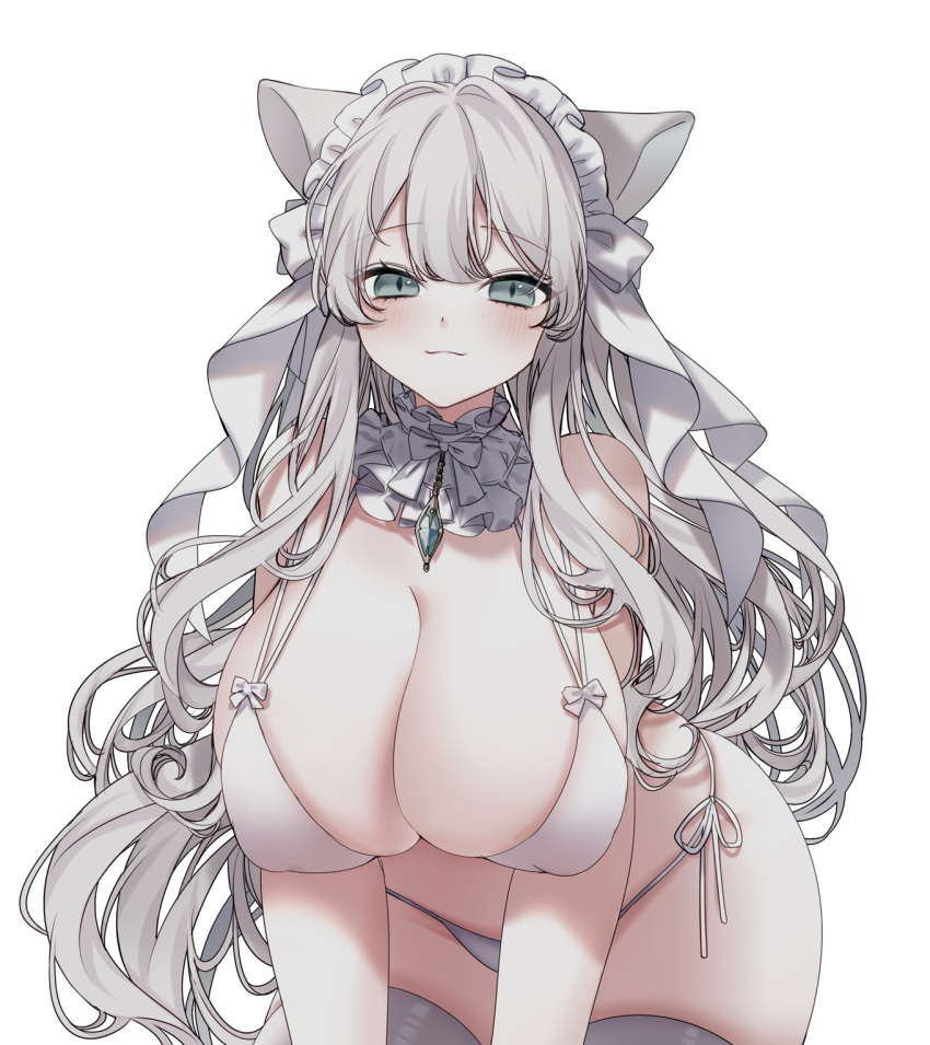 1girl animal_ears bare_shoulders breasts cat_ears frills hair_ornament highres large_breasts long_hair looking_at_viewer myumyutain original ribbon simple_background thighhighs