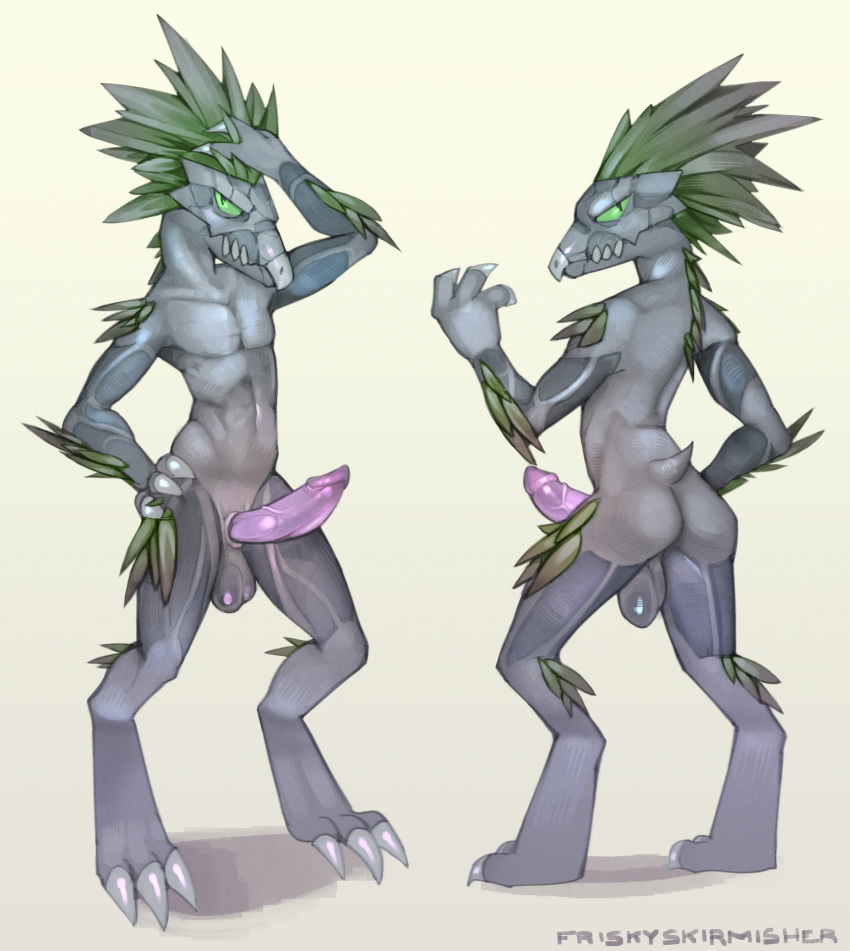 3_fingers 3_toes alien animal_genitalia animal_penis anthro arm_feathers avian back_feathers backsack balls beak butt claws colored digitigrade erection feathers feet finger_claws fingers friskyskirmisher front_view genitals glans green_body green_eyes green_feather_hair green_feathers grey_body grey_skin halo_(series) hand_on_head hand_on_hip hi_res kig-yar looking_at_viewer looking_back looking_back_at_viewer male microsoft model_sheet non-mammal_balls nude penis pose pupils purple_penis raised_arm rear_view scalie sheath short_tail simple_background slit_pupils solo standing t'vaoan tail teeth toe_claws toes white_background white_claws xbox_game_studios