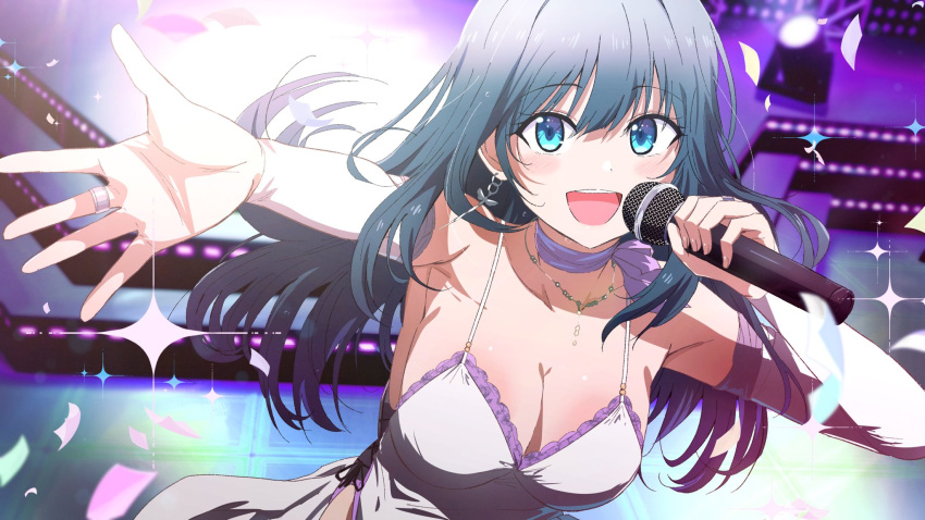 1girl :d amano_nene_(vtuber) blue_eyes blue_hair blush breasts bridal_gauntlets choker cleavage commission dark_blue_hair dress dress_shirt earrings highres holding holding_microphone jewelry lace-trimmed_dress lace_trim large_breasts long_hair looking_at_viewer microphone misaki_nonaka music necklace open_mouth production_kawaii purple_choker ribbon_choker shirt singing skeb_commission sleeveless sleeveless_dress smile solo spaghetti_strap stage virtual_youtuber white_dress