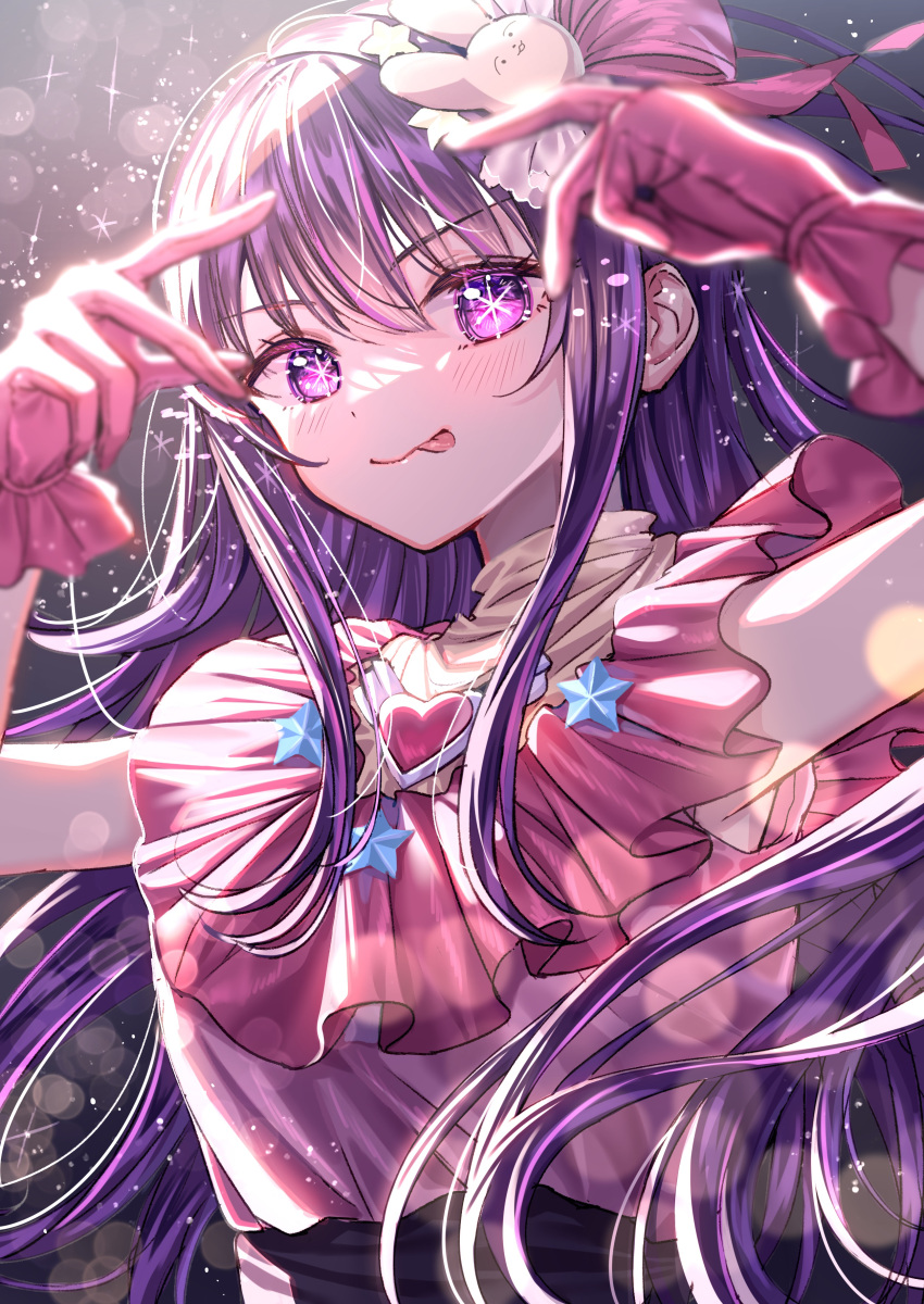 1girl :q absurdres blush closed_mouth commentary dress gloves hair_ornament hands_up heart highres hoshino_ai_(oshi_no_ko) idol long_hair looking_at_viewer multicolored_hair oshi_no_ko pink_dress pink_eyes pink_gloves pink_hair purple_hair rabbit_hair_ornament sakura_(39ra) sleeveless sleeveless_dress smile solo sparkle star-shaped_pupils star_(symbol) streaked_hair symbol-shaped_pupils tongue tongue_out upper_body