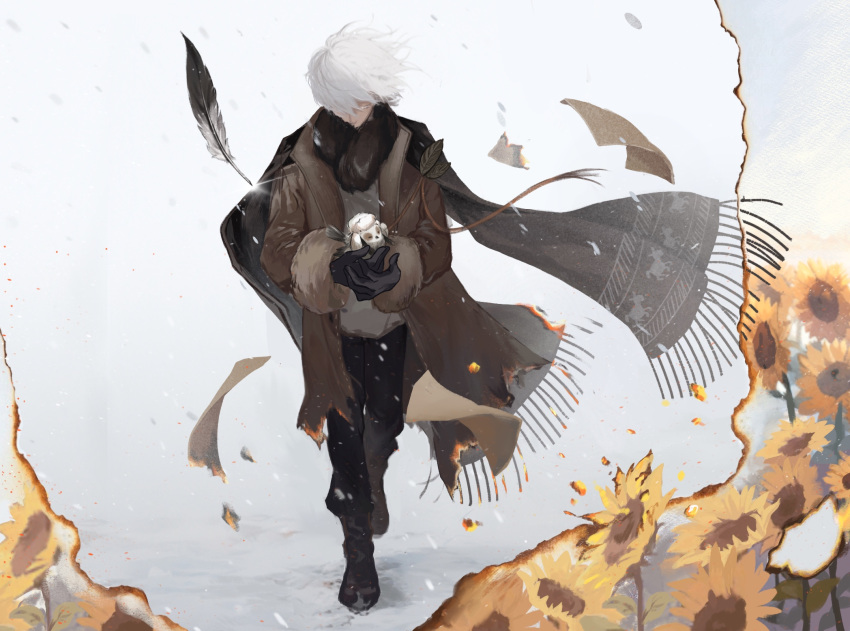 1boy black_footwear black_gloves brown_coat brown_scarf burning coat field flower flower_field gloves grey_sweater highres long_sleeves reverse:1999 scarf shoes solo sunflower sunflower_field sweater walking winter yawu_karasu zima_(reverse:1999)