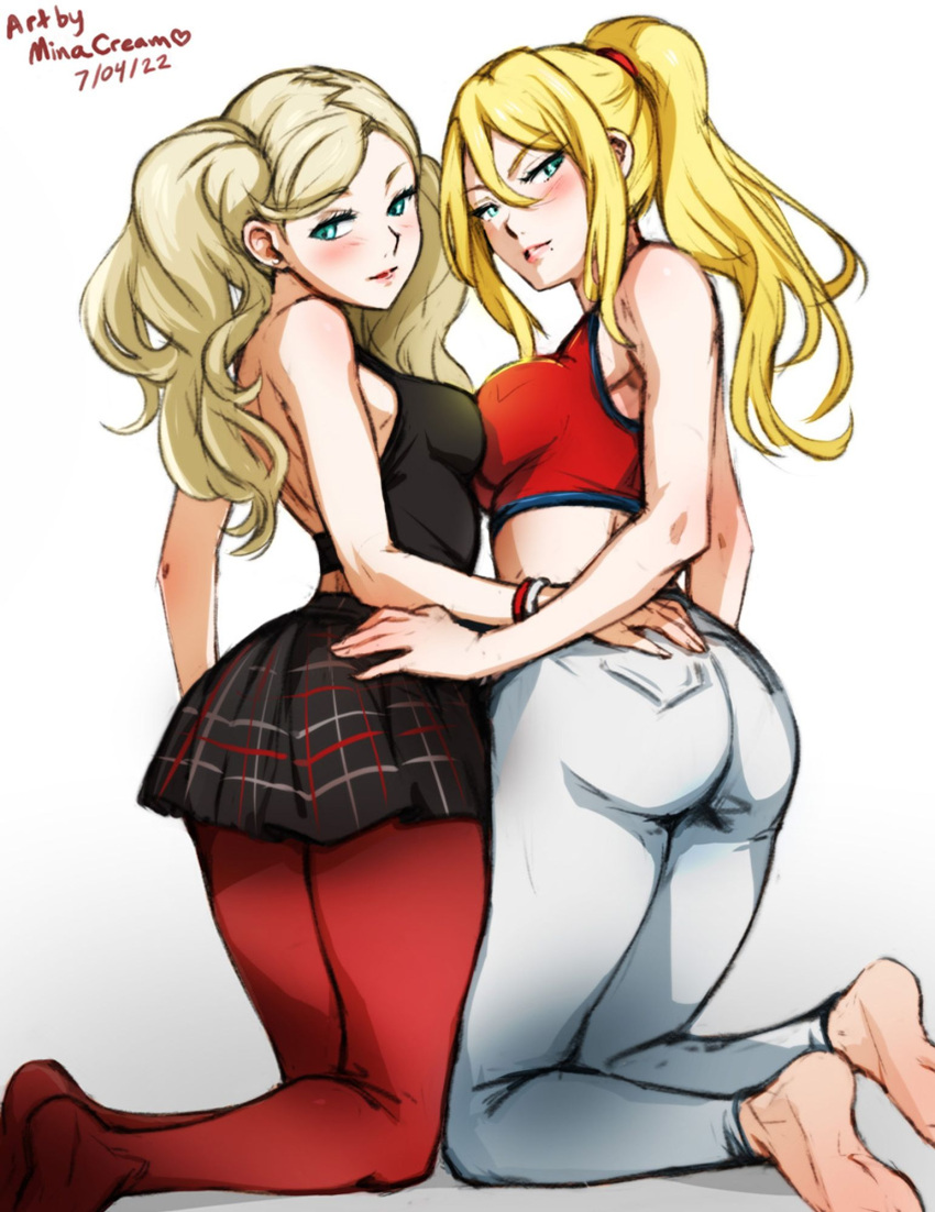 2girls ass ass_grab blonde_hair blue_eyes blush breasts crossover denim highres jeans large_breasts long_hair looking_at_viewer medium_breasts metroid metroid_dread mina_cream mole mole_under_mouth multiple_girls pants pantyhose persona persona_5 ponytail red_pantyhose samus_aran school_uniform shuujin_academy_school_uniform simple_background smile takamaki_anne twintails yuri