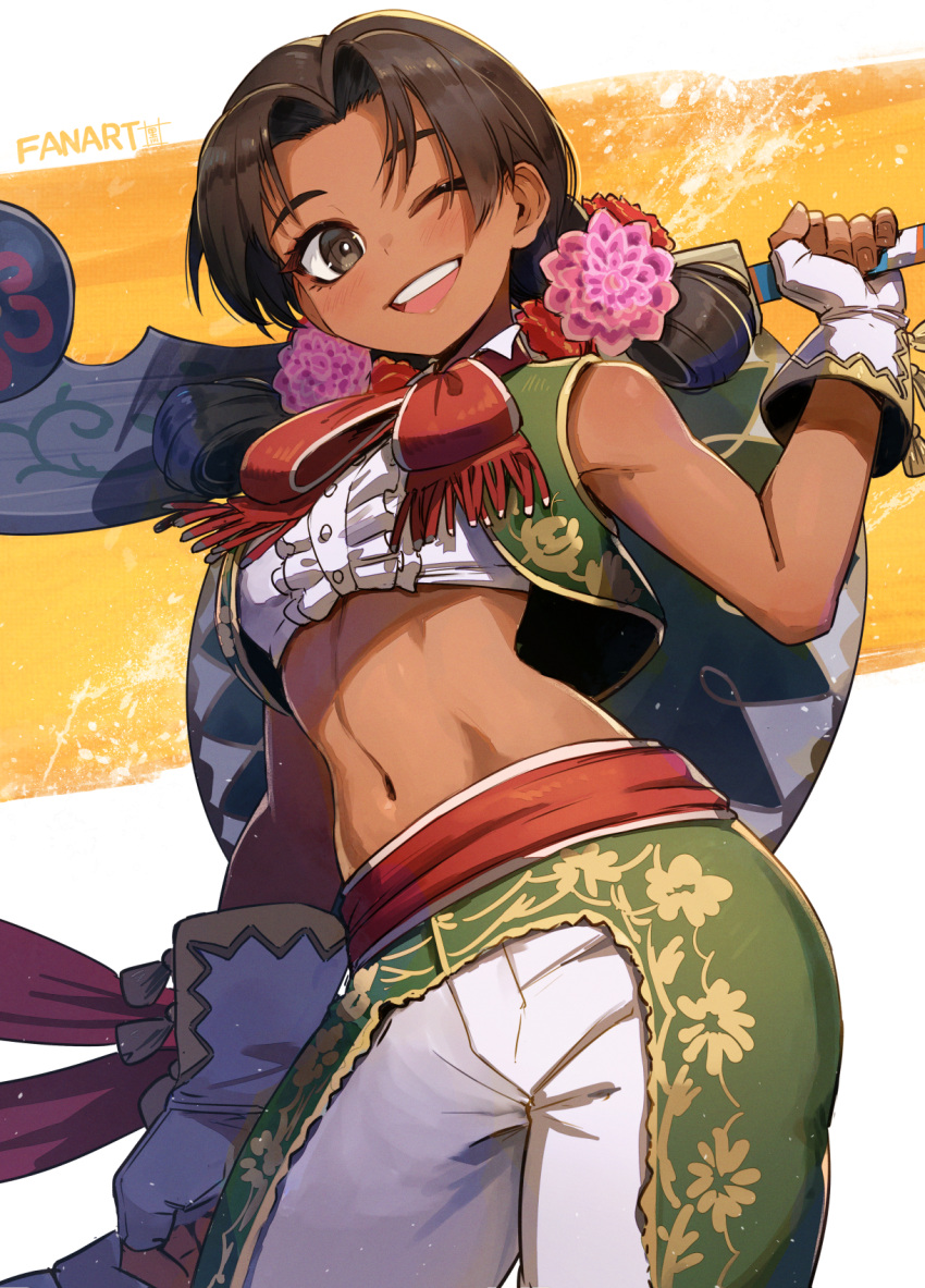 1girl bow bowtie club_(weapon) crop_top dark-skinned_female dark_skin dual_wielding fingerless_gloves flower gloves hair_flower hair_ornament hat highres holding kuroi_susumu lily_hawk mexican_clothes navel official_alternate_costume official_alternate_hairstyle one_eye_closed open_mouth over_shoulder pogamoggan smile solo sombrero stomach street_fighter street_fighter_6 teeth twintails upper_teeth_only vest weapon weapon_over_shoulder
