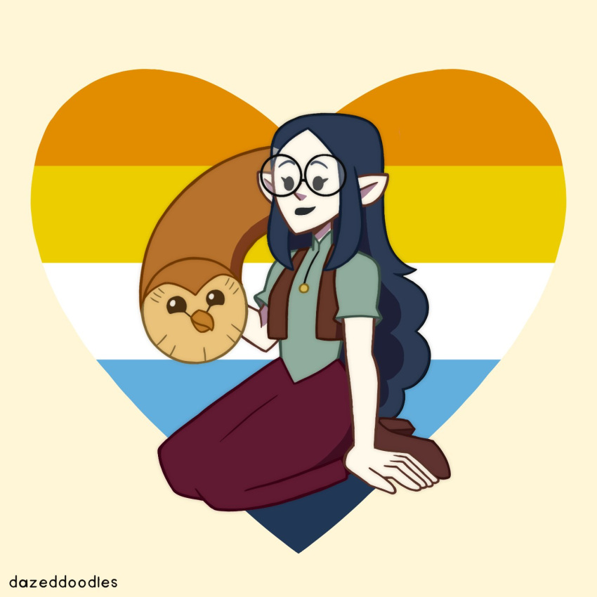 1girl 1other aroace_flag artist_name blue_hair brown_fur brown_hair commentary dazeddoodles english_commentary full_body glasses heart highres hooty_(the_owl_house) lilith_clawthorne long_hair looking_at_another owl_boy pale_skin pointy_ears simple_background smile the_owl_house